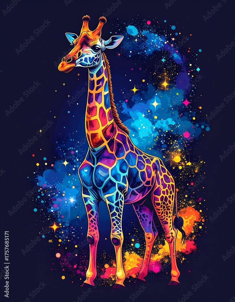Fototapeta premium Colorful, vibrant giraffe illustration amidst a starry galaxy background