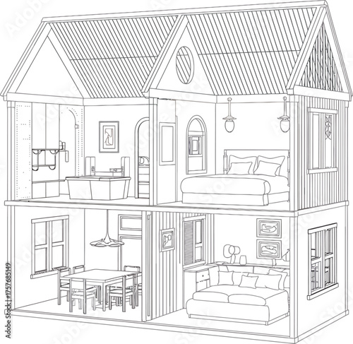 Architectural sketch of a detailed two story house interior and exterior