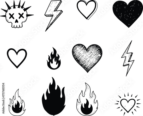 Collection of hand drawn doodle icons featuring skulls lightning bolts hearts and flames in a sketchy style