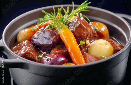 Savory Beef Stew With Fresh Vegetables in a Black Pot Cooking on a Dark Backg...