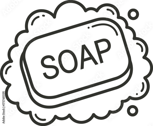 Hand drawn illustration of a bar of soap with bubbles and foam
