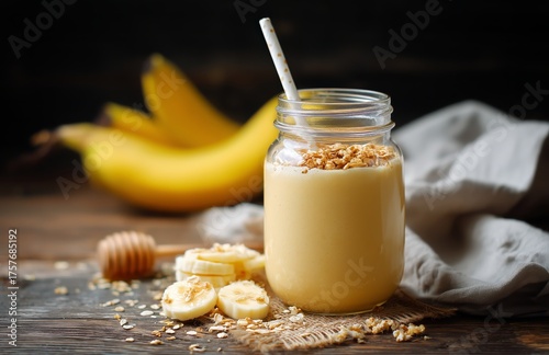Smooth Banana and Honey Smoothie With Oats Served in a Jar on Wooden Table