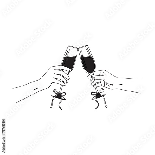Two hands holding champagne flutes and clinking them together in a celebratory toast illustration