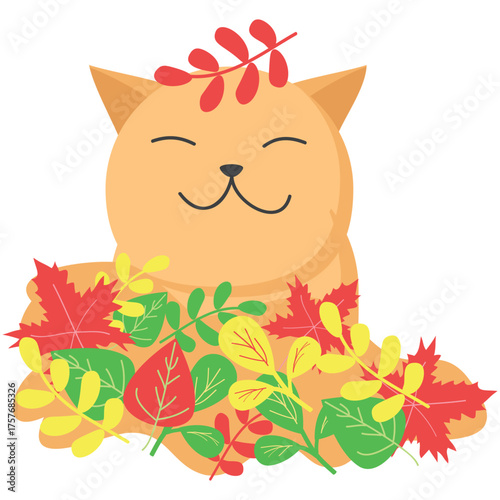 Vector pet cute cartoon cat sitting in autumn leaves heap. Flat animal character. Kitten icon emoticons isolated on white background