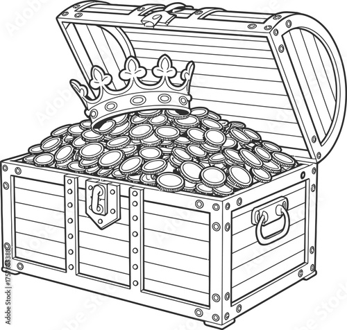 Open treasure chest filled with gold coins and a royal crown
