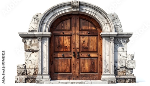An aged, grand, arched doorway with stone pillars and a wooden double door