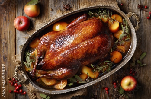 Roasted Turkey on a Silver Platter With Apples and Herbs in a Rustic Setting