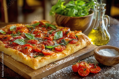 Freshly Baked Pizza Topped With Tomatoes and Basil Served With Olive Oil and ...