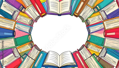 Colorful books in a circle frame
