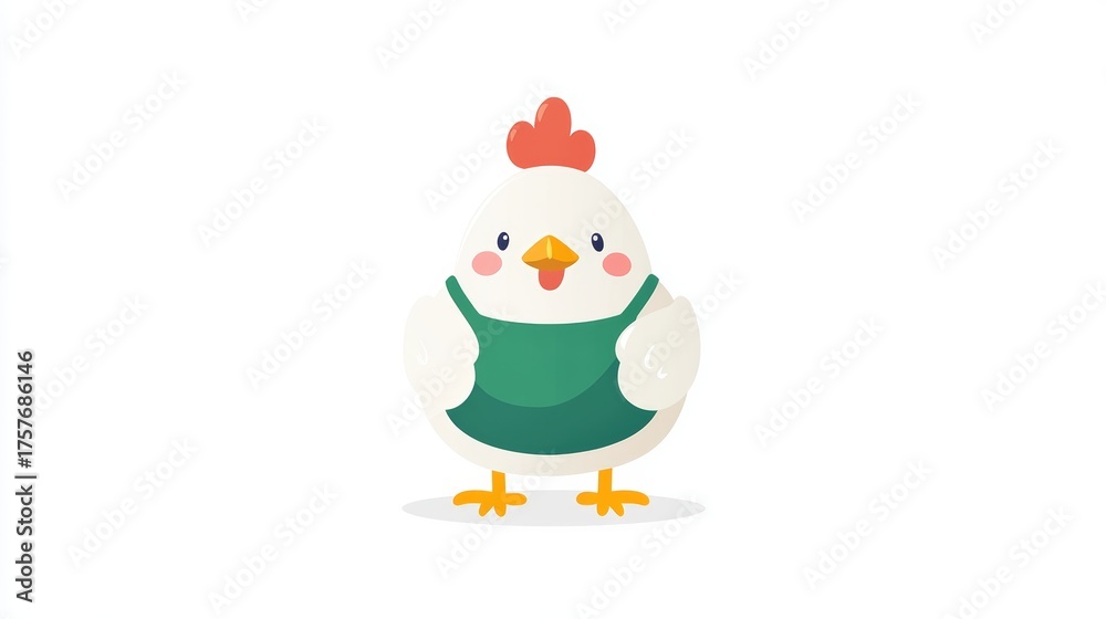 Naklejka premium Minimalistic White Chicken Shaped Like An Egg Wearing Green Apron Clean Lines White Background