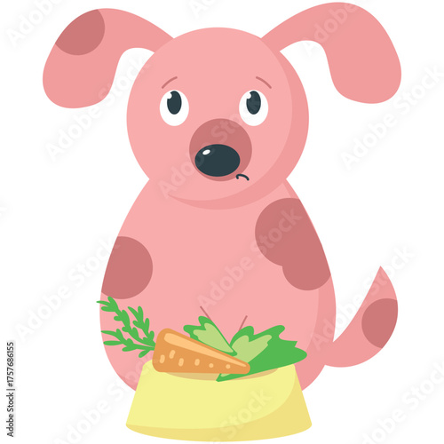 Sad hungry dog vector. Puppy pet sitting front of bowl with vegetable cartoon icon. Animal and healthy food. Doggy feed isolated on white background