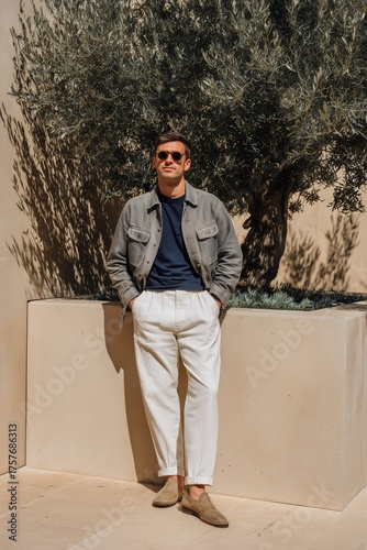 Young Man Enjoying a Sunny Day Outdoors Near Olive Trees and Elegant Architec...