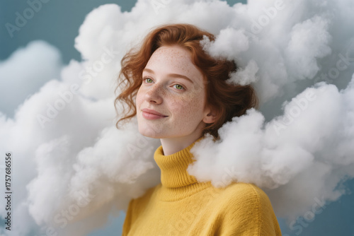 A dreamy portrait of a young woman with curly hair in a cozy yellow sweater, surrounded by fluffy clouds