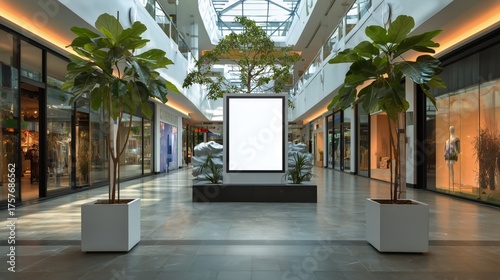 Empty Display in Modern Shopping Mall With Plants and Stylish Storefronts in ...