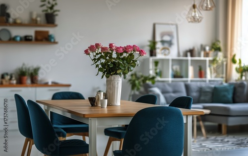 Stylish Dining Area With Flowers in a Modern Home Showcasing Cozy Decor