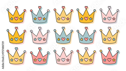 Collection of 15 hand drawn cartoon crown icons with gemstones for royalty and celebration