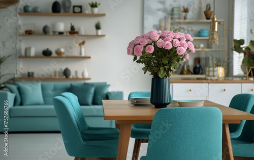 Stylish Dining Area With Flowers in a Modern Home Showcasing Cozy Decor