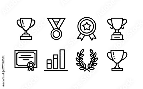 Set of 8 minimalist black line art icons featuring trophies medals diplomas and awards