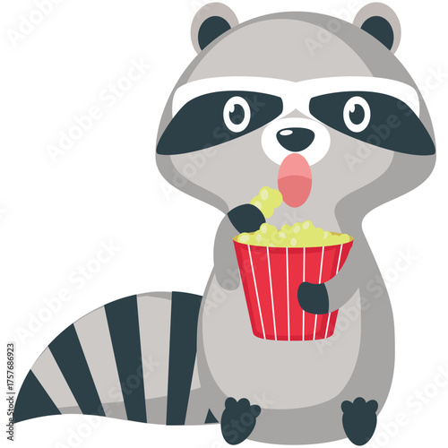 Raccoon eating popcorn vector cartoon icon. Cartoon little animal holding pop corn pack bowl illustration isolated on white background