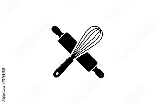 Minimalist black and white logo design of crossed rolling pin and whisk for baking businesses