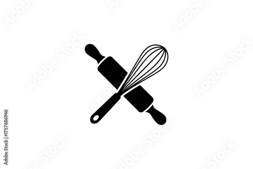 Minimalist black and white crossed rolling pin and whisk baking logo design
