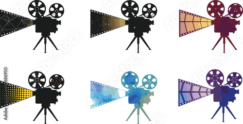 Colorful vintage film projector silhouette set, cinematic movie camera vector illustration, retro film projection concept for entertainment, media production and video design