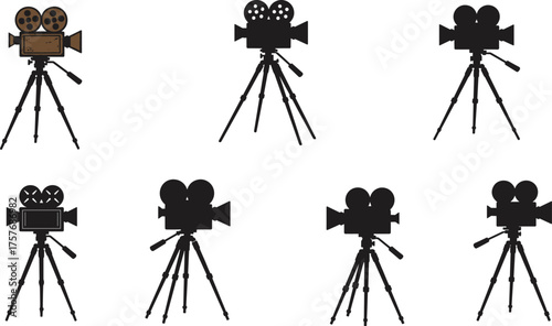 Vintage film camera on tripod silhouette collection, cinematic movie equipment vector illustration, retro film production concept for video and photography design