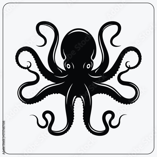 Stylized octopus illustration. Symmetrical black and white sea monster or kraken graphic. Vector symbol for a logo, emblem, or tattoo design.