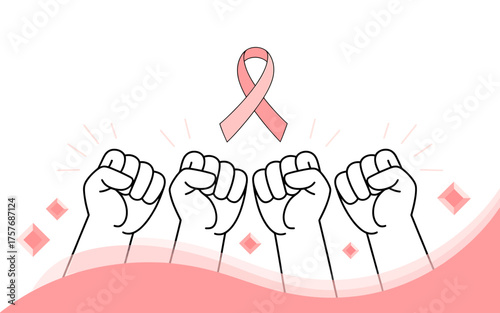 Symbol of hope pink ribbon and determined fists support breast cancer awareness movement