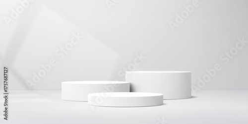 3D white podium stage with window shadow light for product display, vector studio showroom. White podium with round stage platforms for exhibition showcase scene background or cosmetics display