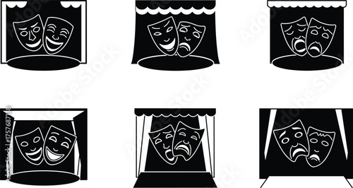 Theater comedy and tragedy masks on stage, drama performance symbol vector, artistic emotion expression design, creative illustration for entertainment and performing arts