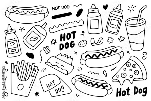 Hand drawn black and white line art sketch of delicious hot dogs pizza fries and condiments