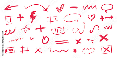 Hand drawn red doodles and symbols collection with arrows checkmarks crosses and shapes