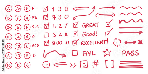 Handwritten red marker marks symbols arrows checkmarks numbers words and lines collection for grading and review