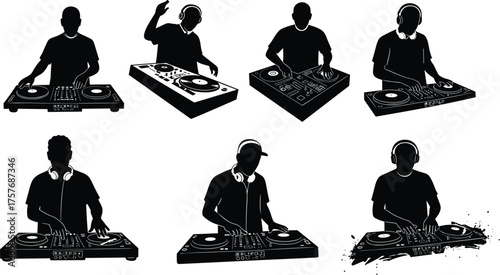 DJ silhouette mixing music on turntable, electronic dance party performer vector illustration, nightclub entertainment concept art, modern music flat creative design