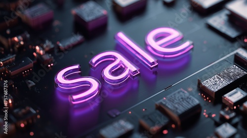 Bright Sale Sign Illuminated on a Circuit Board Background During a Technolog...