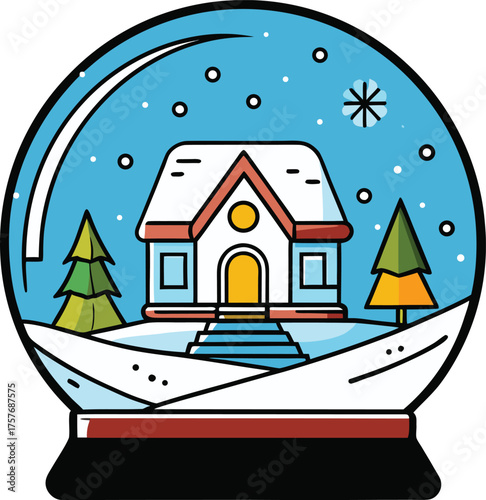 Winter snow globe house and trees scene isolated on transparent background