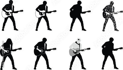 Guitarist silhouettes playing acoustic guitar on stage, musician performing art, music concert vector illustration, rock performance design, creative music flat artwork