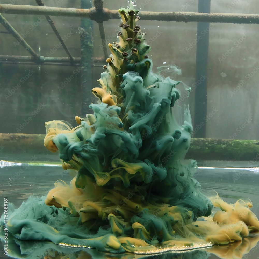 Fototapeta premium An intriguing underwater scene featuring a tree-like structure formed from vibrant, swirling liquids, highlighting the artistic fusion of nature and abstract liquid art.