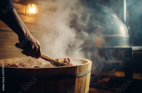 Cooking in a Wooden Pot With Steam Rising in a Cozy Kitchen During the Evening