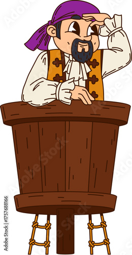 Caribbean pirate or corsair cartoon groovy character watching on ship mast, vector personage. Caribbean pirate sailor or corsair sailor and seaman looking at sea from lookout platform on ship mast