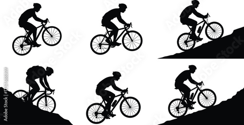 Mountain biker riding uphill and downhill silhouette collection, cycling sport concept, outdoor adventure illustration, endurance training vector, fitness activity design