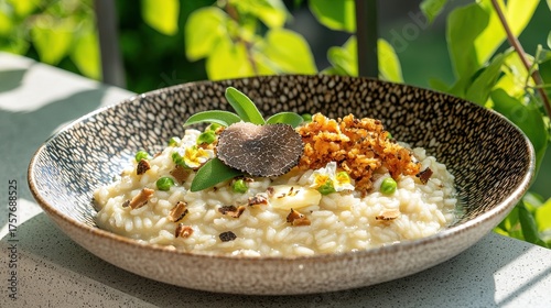 Gourmet truffle risotto with black truffle shavings and fresh herbs served in artisanal ceramic bowl on outdoor restaurant terrace with natural lighting