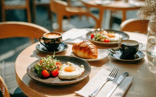 Breakfast Spread With Eggs, Salad, Croissant, and Coffee in a Bright Cafe Set...