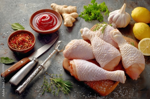 Fresh Chicken Drumsticks With Herbs and Spices Ready for Cooking in a Rustic ...