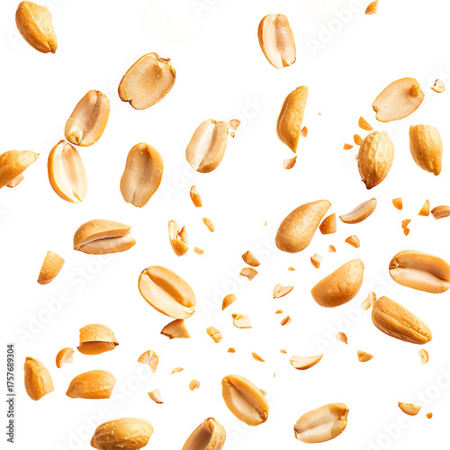 Falling roasted peanuts isolated on a transparent white background, clipping path