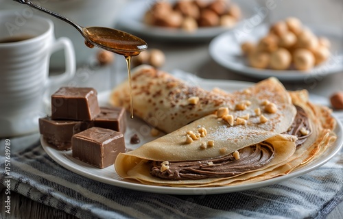 Delicious Chocolate Hazelnut Crepes Served With Chocolate and Hazelnuts on a ...