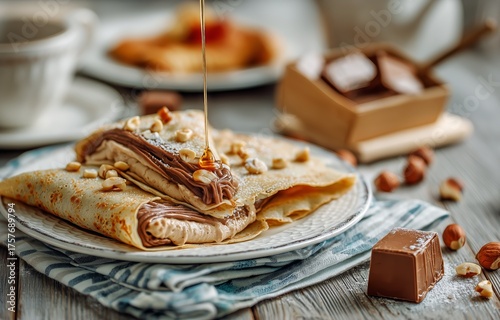Delightful Crepes With Chocolate Filling and Nuts Served on a Wooden Table