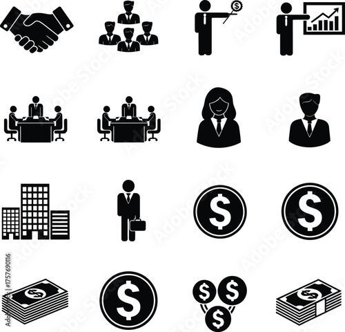 Collection of business and finance icons representing teamwork meetings finance and corporate success