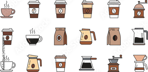 Collection of flat design icons representing coffee cups bags grinders and brewing equipment for cafes and coffee shops